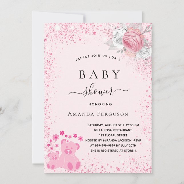 Pink teddy bear girl glitter florals Baby Shower Invitation (Front)