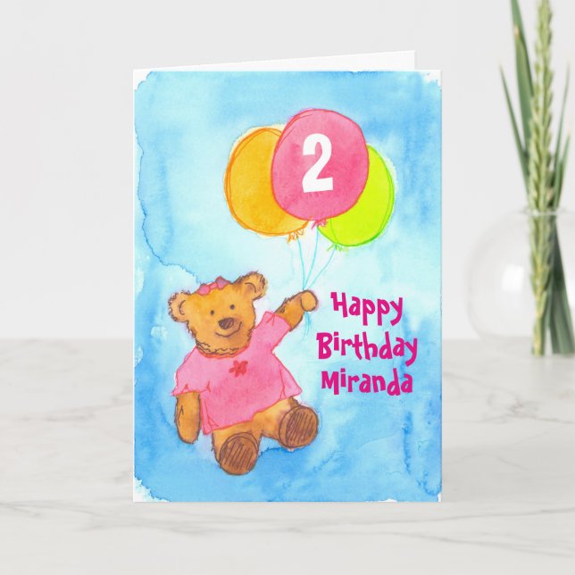 Pink Teddy Bear Happy 2nd Birthday Custom Card (Front)