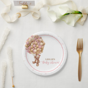 Pink Teddy Bear Hot Air Balloon Baby Shower Custom Paper Plate