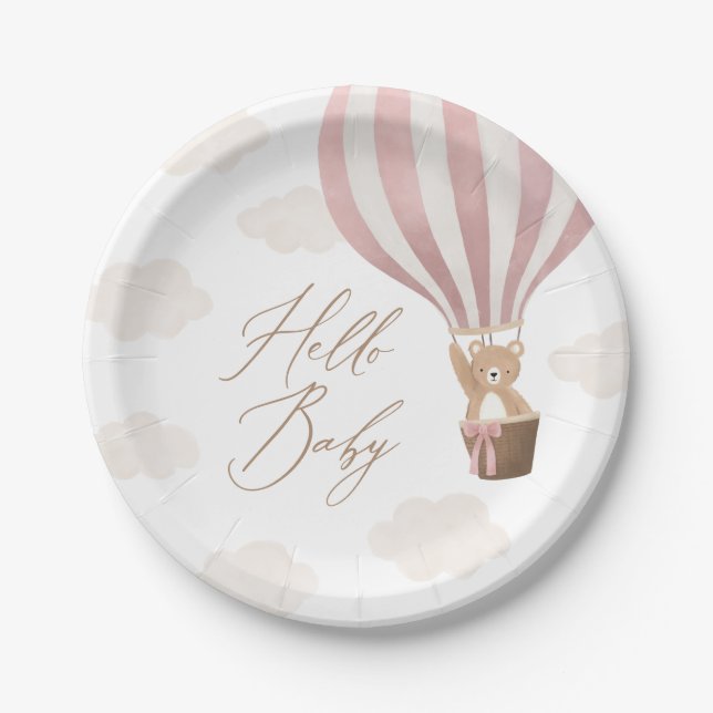 Pink Teddy Bear Hot Air Balloon Baby Shower Paper Plate (Front)