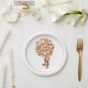 Pink Teddy Bear Hot Air Balloon Baby Shower Plate