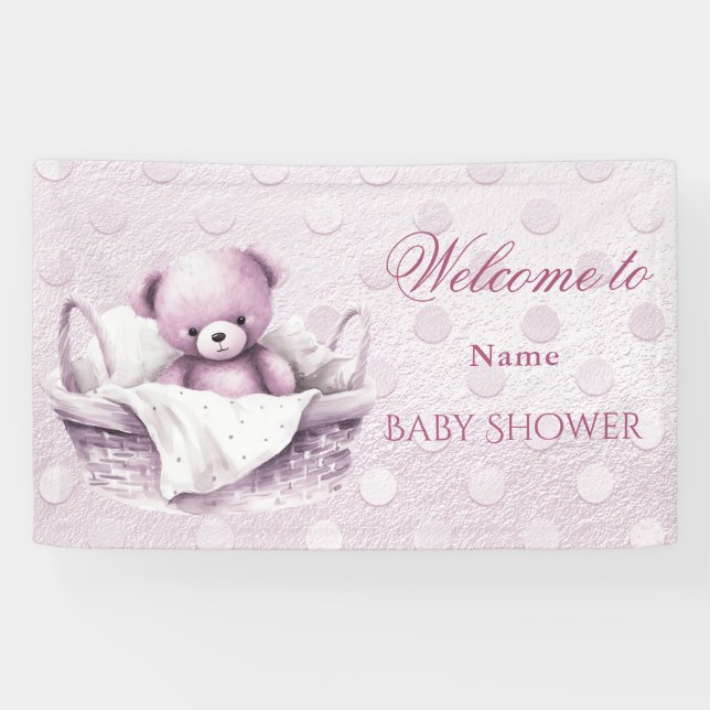 Pink Teddy Bear in Basket Baby Shower Banner (Horizontal)