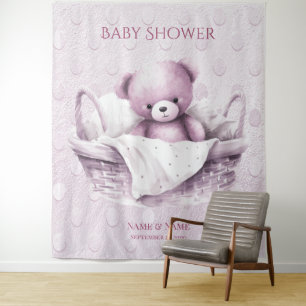 Pink Teddy Bear in Basket Backdrop Tapestry