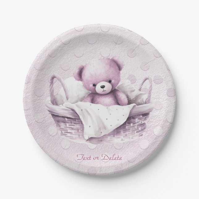 Pink Teddy Bear in Basket Paper Plate (Front)