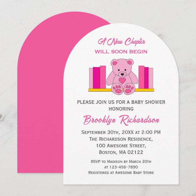 Pink Teddy Bear New Chapter Storybook Baby Shower Invitation (Front/Back)