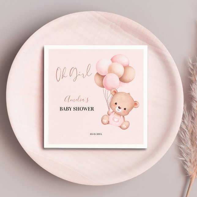 Pink Teddy Bear Oh Girl Balloon Baby Shower Party Napkin (Creator Uploaded)