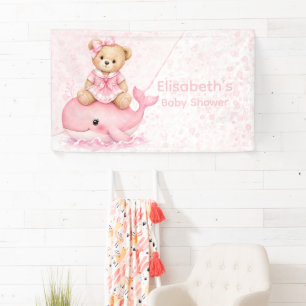 Pink Teddy Bear On Whale Girl Baby Shower Banner