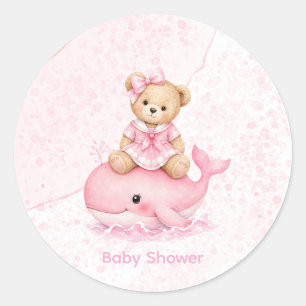 Pink Teddy Bear On Whale Girl Baby Shower Classic Round Sticker