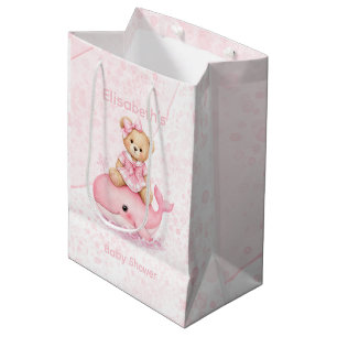 Pink Teddy Bear On Whale Girl Baby Shower Medium Gift Bag