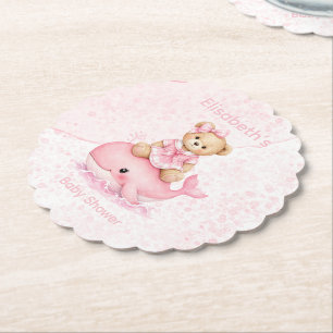 Pink Teddy Bear On Whale Girl Baby Shower Paper Coaster
