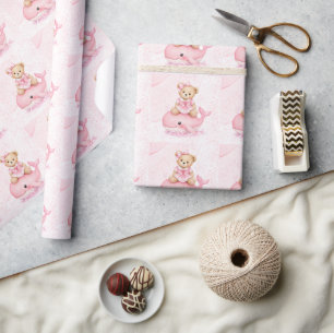 Pink Teddy Bear On Whale Girl Baby Shower Wrapping Paper