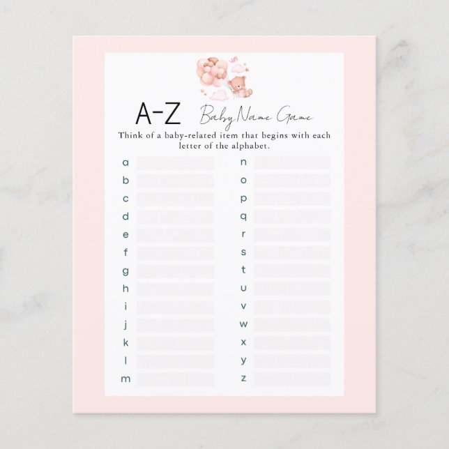 Pink Teddy Bear One Baby Name Shower Game (Front)