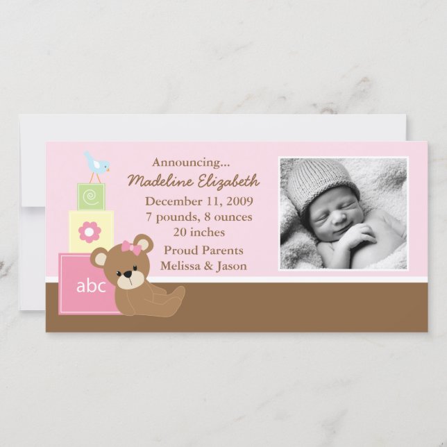 Pink Teddy Bear Photo Birth Announcement (Front)
