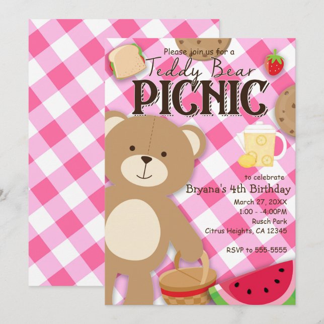 Pink Teddy Bear Picnic Birthday Party Invitation (Front/Back)