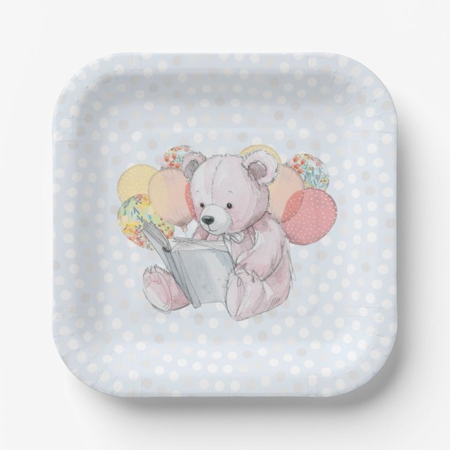 Pink Teddy Bear reading a book  Paper Plate (Front)
