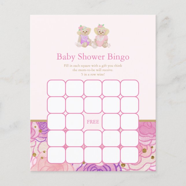 Pink Teddy Bear Tea Party Baby Shower Bingo Game (Front)
