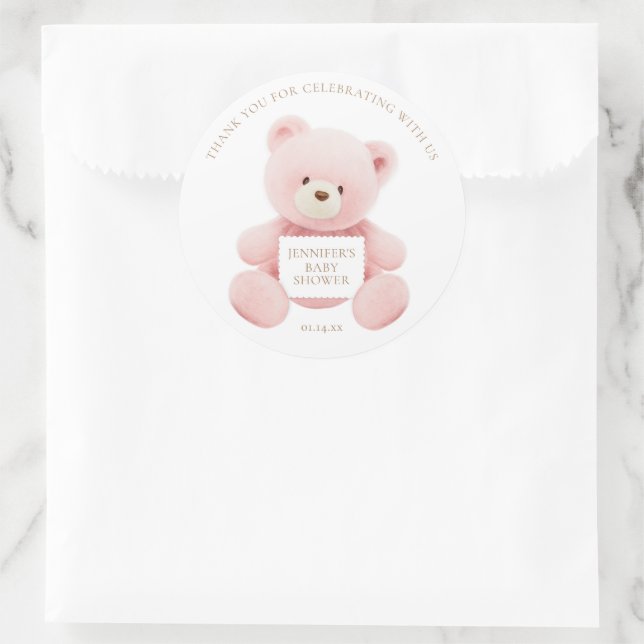 Pink Teddy Bear Thank you Classic Round Sticker (Bag)