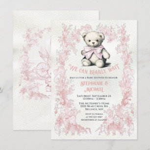Pink Teddy Bear Toile watercolor baby shower Invitation
