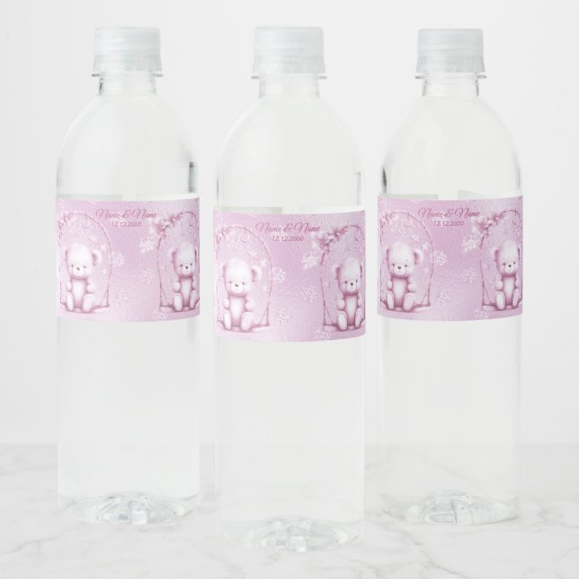 Pink Teddy Bear Water Bottle Label (Bottles)