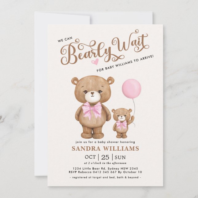 Pink Teddy Bear We Can Bearly Wait Baby Shower Invitation (Front)