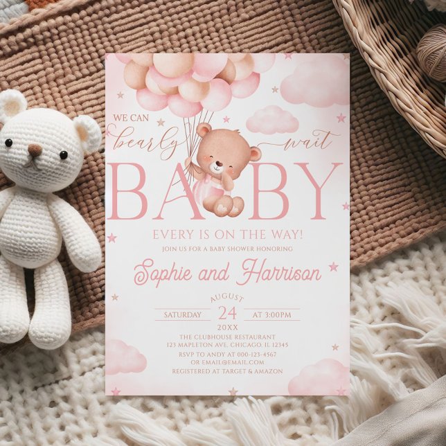 Pink Teddy Bear We Can Bearly Wait Baby Shower Invitation (Creator Uploaded)