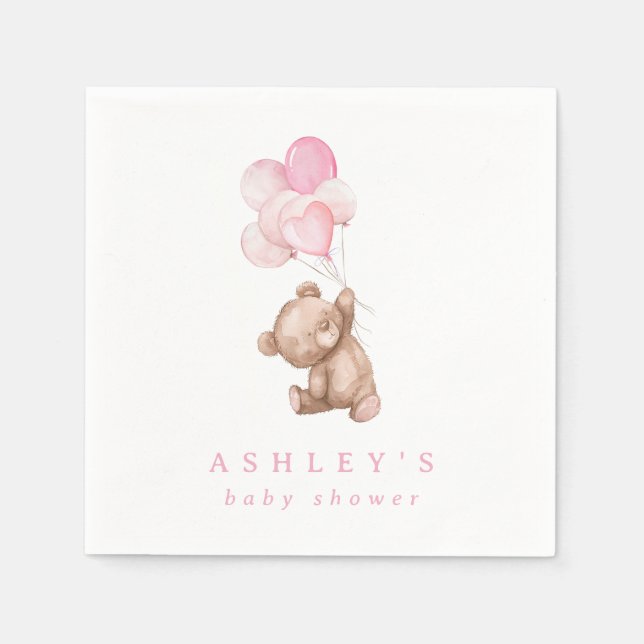 Pink Teddy Bear We Can Bearly Wait Baby Shower Napkin (Front)