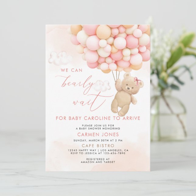 Pink Teddy Bear with Balloons Baby Shower Invite (Standing Front)