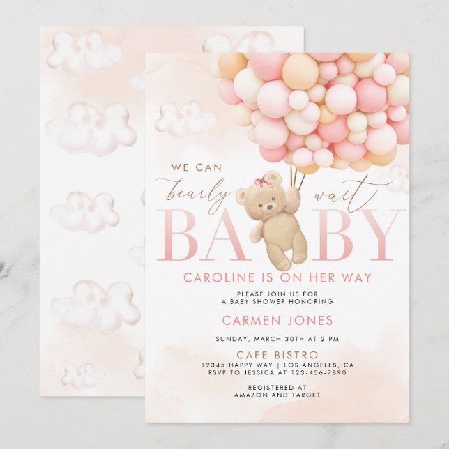 Pink Teddy Bear with Balloons Baby Shower Invite (Front/Back)