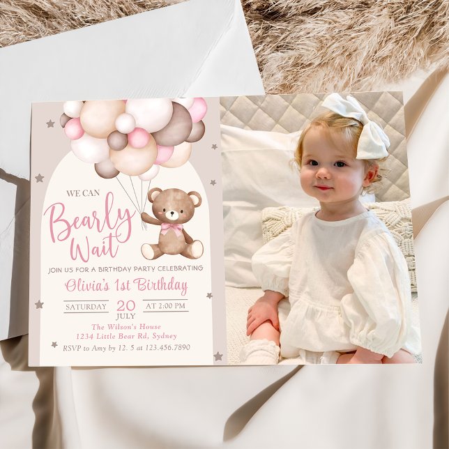 Pink Teddy Bear With Balloons Birthday Photo Invitation (Creator Uploaded)