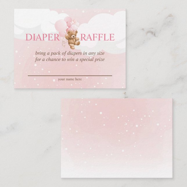 Pink Teddy Bear with Balloons Diaper Raffle Card (Front/Back)