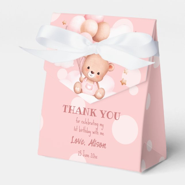 Pink teddy bear with balloons on clouds custom favour box (Front Side)