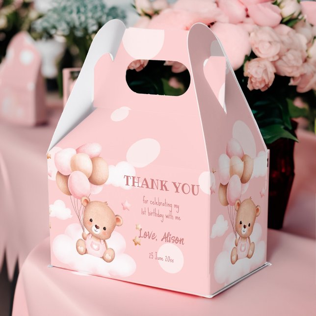 Pink teddy bear with balloons on clouds custom favour box (Pink teddy bear with balloons on clouds girls birthday party favors personalized favor box)
