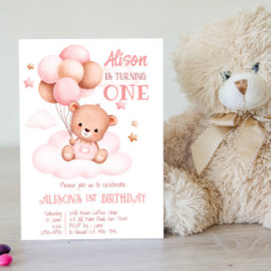 Pink teddy bear with balloons on clouds invitation