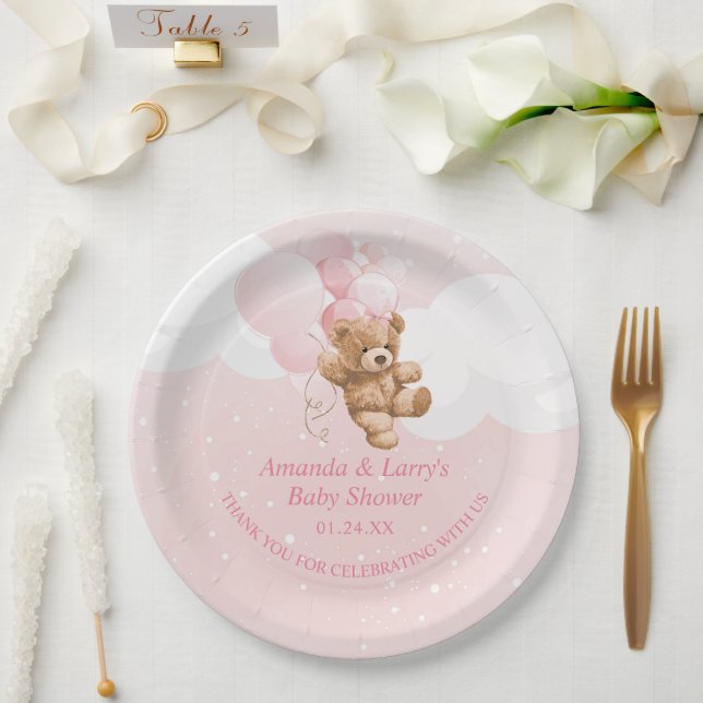 Pink Teddy Bear with Balloons Paper Plates (Wedding)