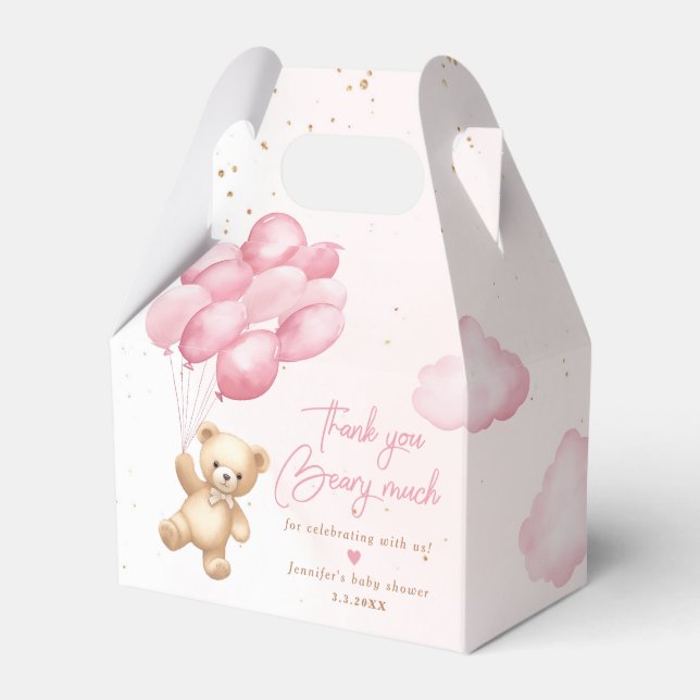 Pink teddy bear with balloons thank you beary much favour box (Front Side)