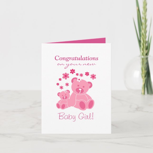 Pink teddy Bears Cute Baby Girl Congrats Card (Front)