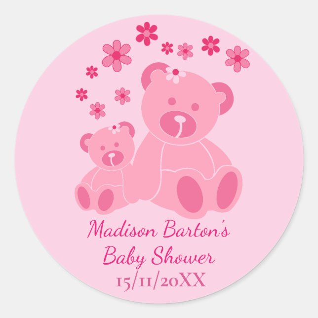 Pink Teddy Bears Cute Girl Baby Shower Classic Round Sticker (Front)