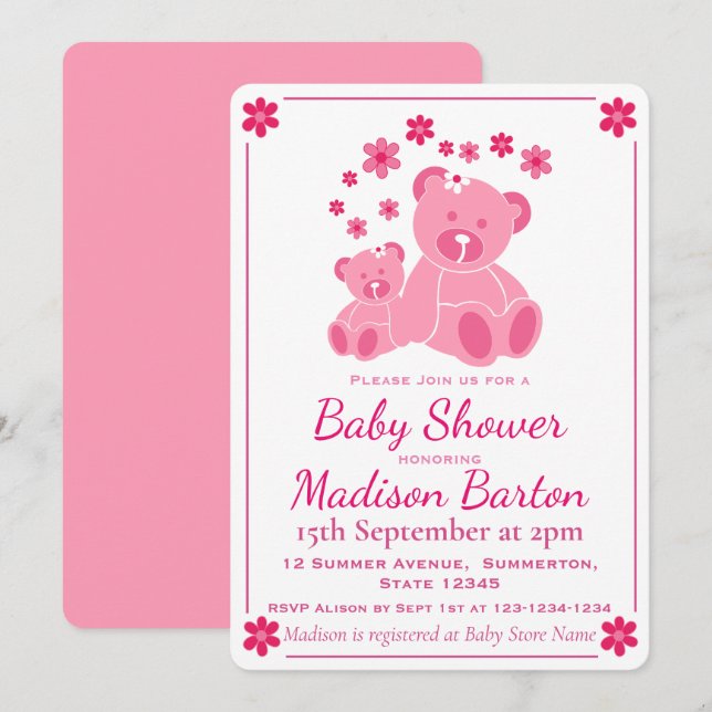 Pink Teddy Bears Cute Girl Baby Shower Invitation (Front/Back)