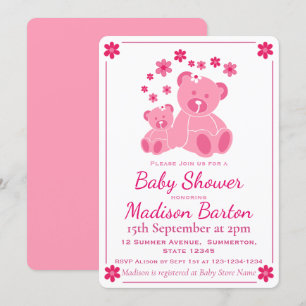 Pink Teddy Bears Cute Girl Baby Shower Invitation