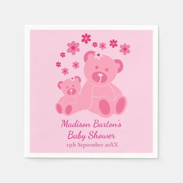 Pink Teddy Bears Cute Girl Baby Shower Napkin (Front)