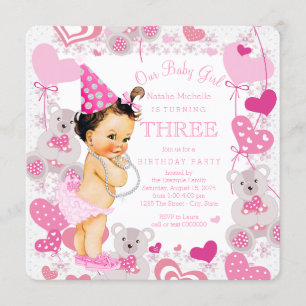 Pink Teddy Bears Hearts Girls 3rd Birthday Party Invitation