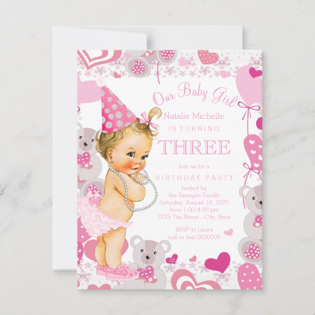Pink Teddy Bears Hearts Girls 3rd Birthday Party Invitation (Front)