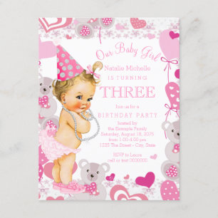 Pink Teddy Bears Hearts Girls 3rd Birthday Party Invitation