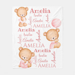 Pink teddy bears personalised girls name  baby bla fleece blanket