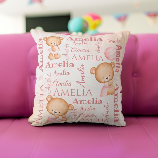 Pink teddy bears personalised girls name baby cushion (Pink teddy bears personalized girls name collage baby throw pillow baby gifts baby shower gifts)