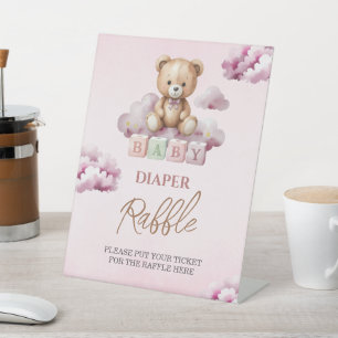 Pink Teddy Cloud Stars Baby Shower Diaper Raffle Pedestal Sign