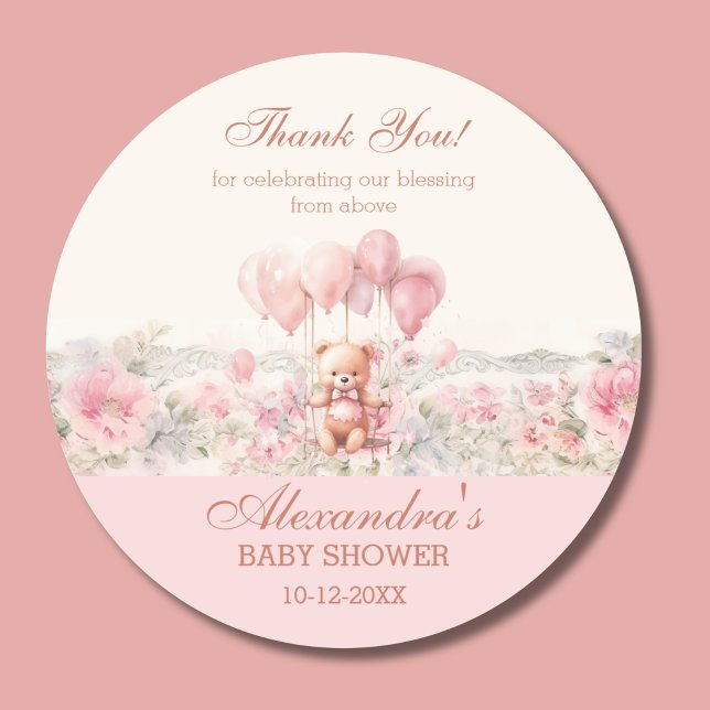 Pink Teddy Girl Christian Baby Shower Thank You Classic Round Sticker (Creator Uploaded)