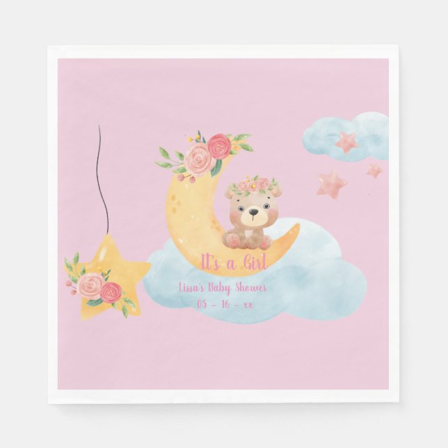 Pink teddy moon "it is a girl" Paper Napkin (Front)