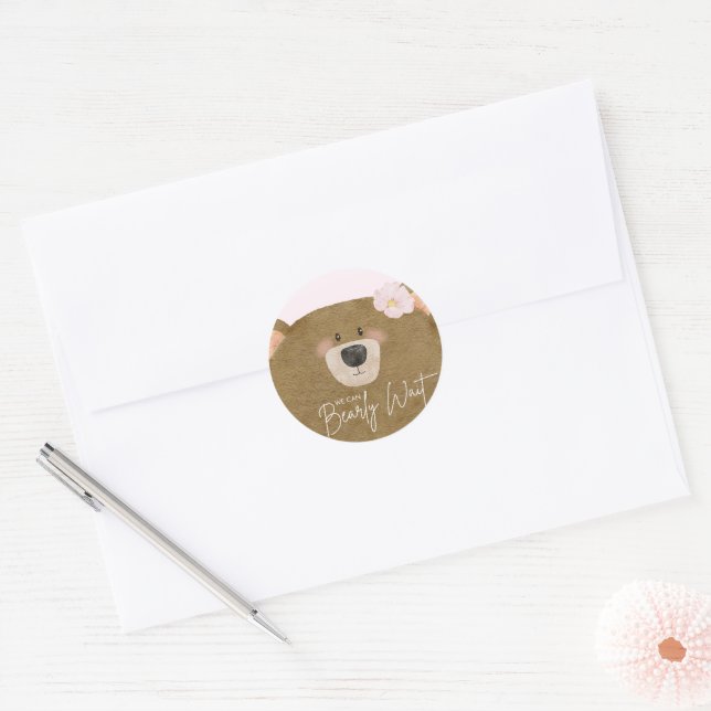Pink Teddy We Can Bearly Wait Girl Baby Shower Classic Round Sticker (Envelope)