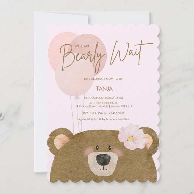 Pink Teddy We Can Bearly Wait Girl Baby Shower Inv Invitation (Front)